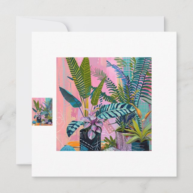 Invitation Modern Tropical Plant Print – Pink and Green  (Devant)