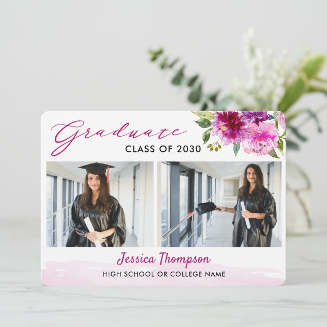 Invitation Modern Two Photo Collage Floral Graduation Party (Debout devant)