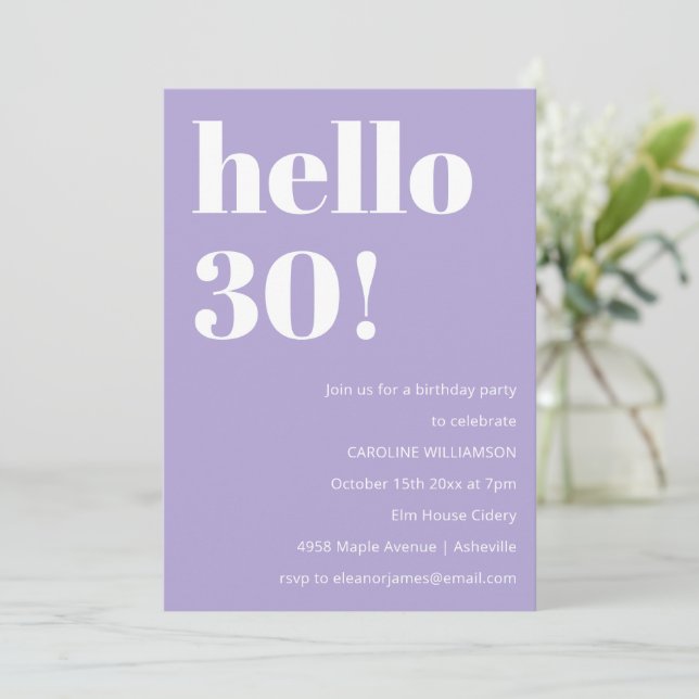 Invitation Modern Typography Lavender 30th Birthday Party (Debout devant)