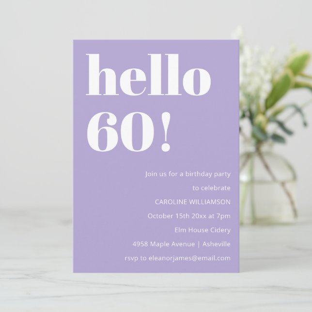 Invitation Modern Typography Lavender 60th Birthday Party (Debout devant)