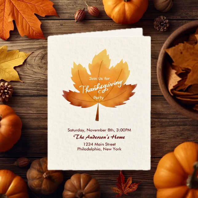 Invitation Modern Watercolor Maple Thanksgiving Party Folded (Modern Watercolor Maple Thanksgiving Party Folded Invitation )