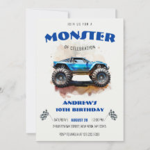 Modern Watercolor Monster Truck Blue Boy Birthday