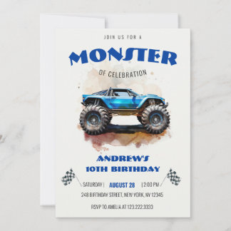 Invitation Modern Watercolor Monster Truck Blue Boy Birthday