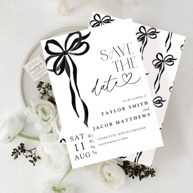 Invitation Modern Whimsical Black Bow Script Save the Date (Créateur téléchargé)