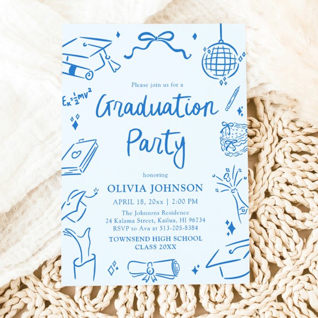 Invitation Modern Whimsical Hand Drawn Blue Graduation Party (Modern Whimsical Hand Drawn Blue Graduation Party Invitation)