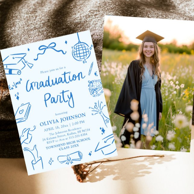 Invitation Modern Whimsical Hand Drawn Blue Graduation Party (Modern Whimsical Hand Drawn Blue Graduation Party Invitation)