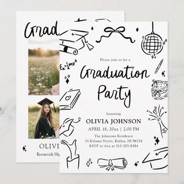 Invitation Modern Whimsical Hand Drawn Bow Graduation Party  (Devant / Derrière)