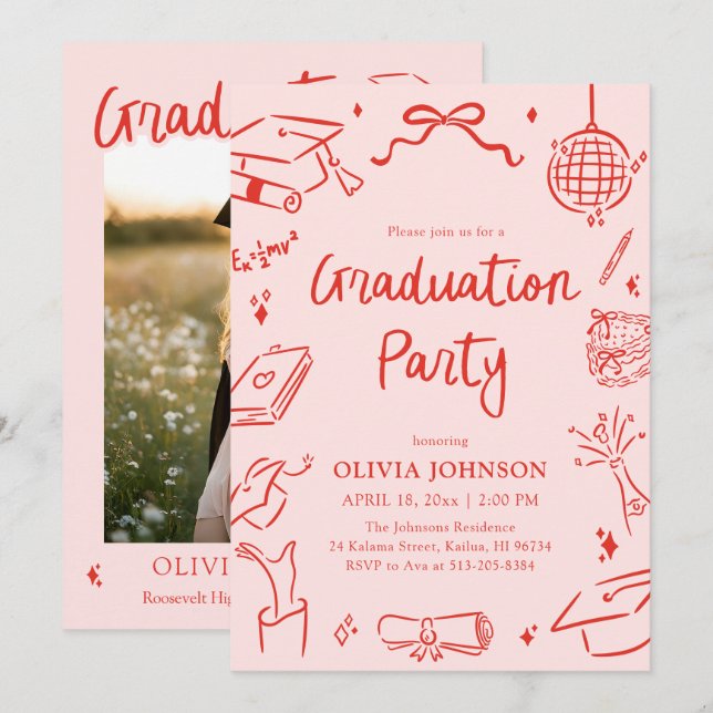 Invitation Modern Whimsical Hand Drawn Bow Graduation Party (Devant / Derrière)