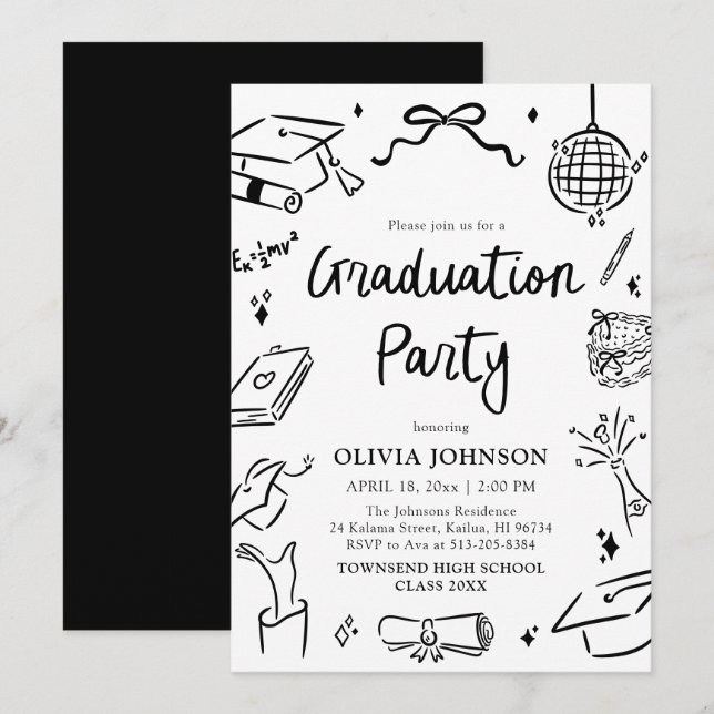 Invitation Modern Whimsical Hand Drawn Bow Graduation Party (Devant / Derrière)
