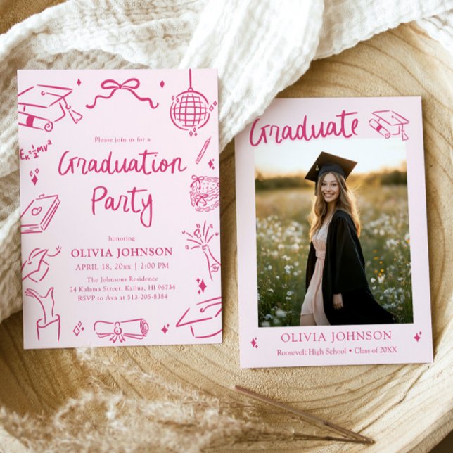 Invitation Modern Whimsical Hand Drawn Pink Graduation Party (Modern Whimsical Hand Drawn Pink Graduation Party Invitation)