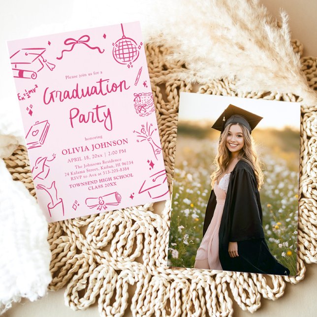 Invitation Modern Whimsical Hand Drawn Pink Graduation Party (Modern Whimsical Hand Drawn Pink Graduation Party Invitation)