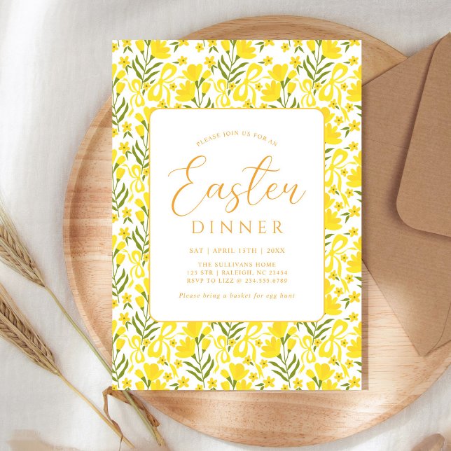 Invitation Modern Yellow Spring Floral Bow Easter Dinner (Créateur téléchargé)