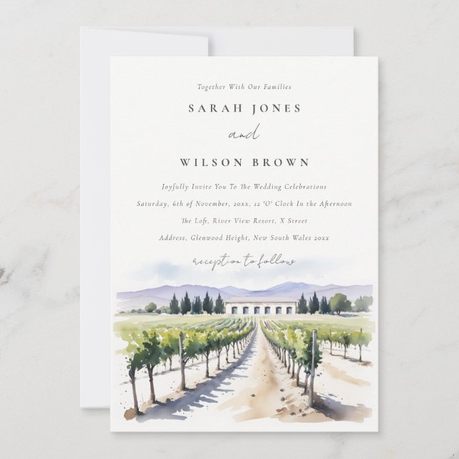 Invitation Moderna Moda acuarela Vineyard Boda paisajístico (Devant)