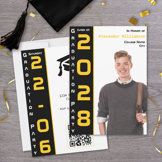 Invitation Moderne 1 Photo Gold Black QR Code Grad Party (Créateur téléchargé)