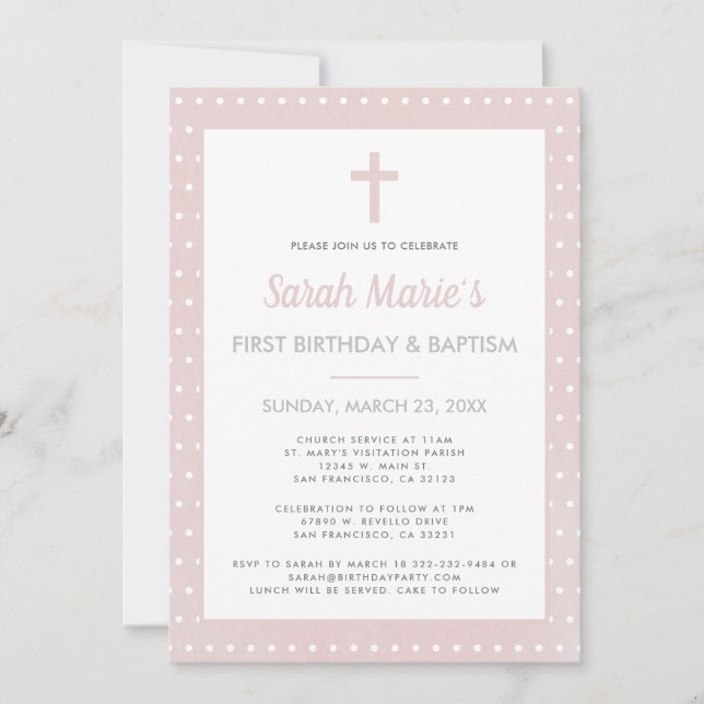 Invitation Moderne 1er Anniversaire Baptême Girl Pink Polka D (Devant)