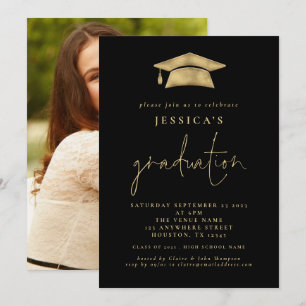 Invitation Moderne 2024 Graduation Photo Gold Casquette noir