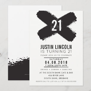 Invitation MODERNE 21e anniversaire fête noir brosse traits