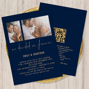 Invitation Moderne 2 Photo QR Code Marine Mariage or