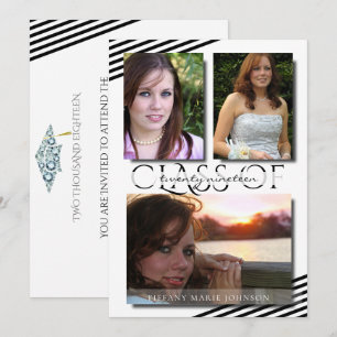 Invitation Moderne 3 Photo Black Stripes Graduation Party