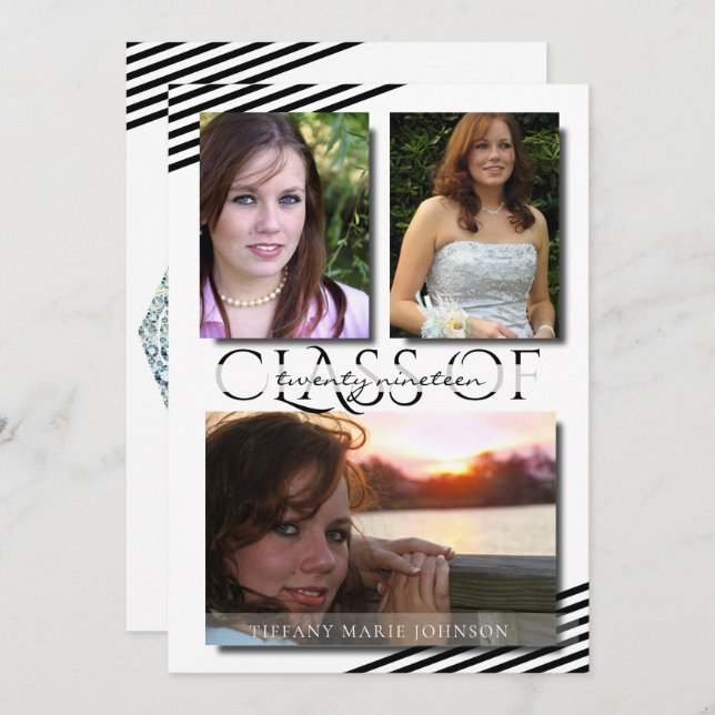 Invitation Moderne 3 Photo Black Stripes Graduation Party (Devant / Derrière)