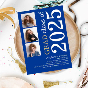 Invitation Moderne 3 photo Bold 2025 Bleu Graduation