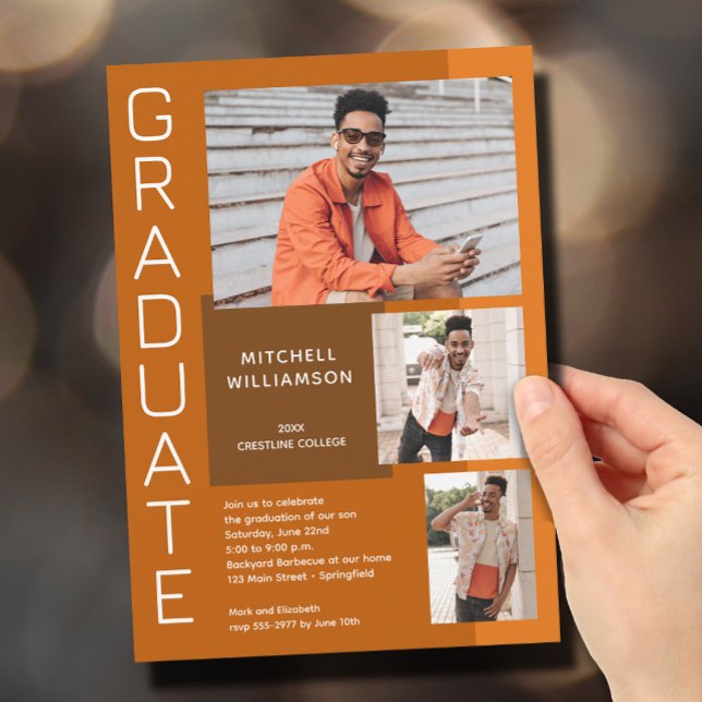 Invitation Moderne 3 Photo Brûlé Orange Graduation (Créateur téléchargé)