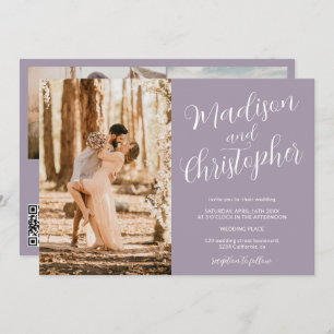 Invitation Moderne 3 photos noms lavender Qr mariage