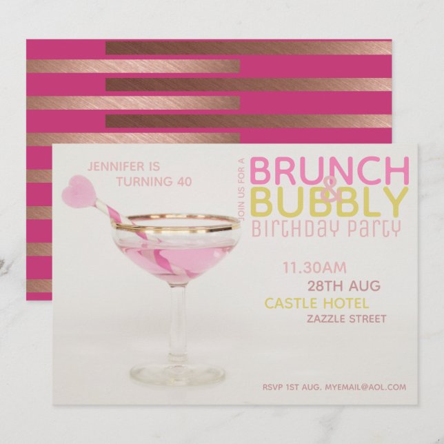 Invitation Moderne 40e BRUNCH BUBBLY Cocktail ROSE DORE (Devant / Derrière)