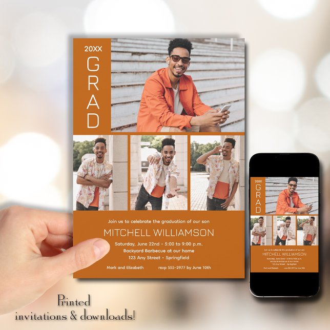 Invitation Moderne 4 Photo Brûlé Orange Graduation (Modern 4 Photo Burnt Orange Graduation Invitations)