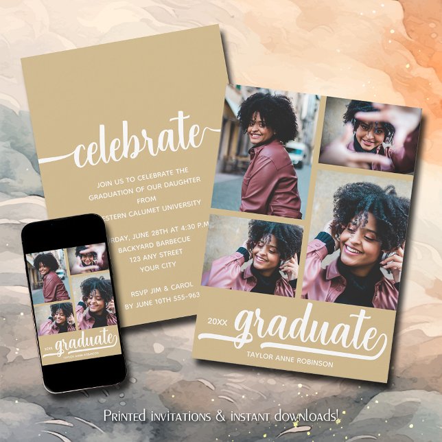 Invitation Moderne 4 Photo Collage Gold Graduation (Modern 4 photo collage gold graduation party invitations)