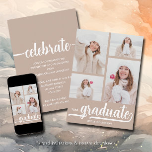Invitation Moderne 4 Photo Collage Taupe Graduation