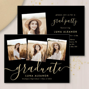 Invitation Moderne 4 Photo Graduation Collage Noir Et Or
