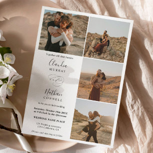 Invitation Moderne 4 Photos élégant script mariage noir blanc