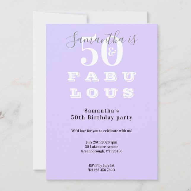 Invitation Moderne 50 et fabuleuse Purple 50e fête d'annivers (Devant)