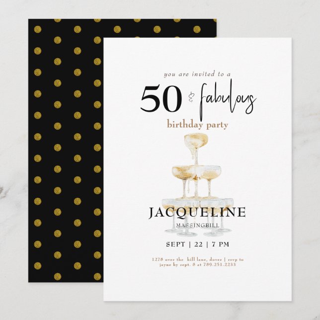 Invitation Moderne 50 & Fabuleux Black Glam fête d'anniversai (Devant / Derrière)
