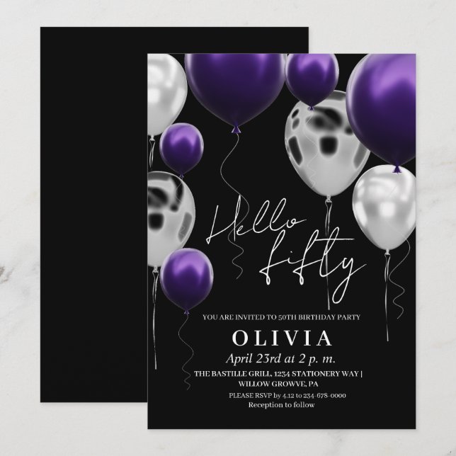 Invitation Moderne 50e anniversaire Black Silver violet Ballo (Devant / Derrière)