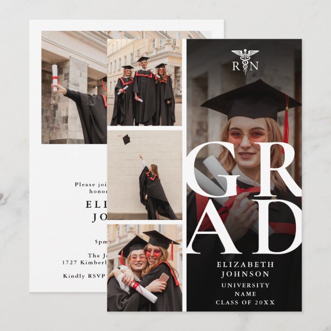 Invitation Moderne 5 Photo RN Soins infirmiers fête de gradua (Devant / Derrière)