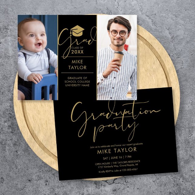Invitation Moderne Alors Et Maintenant 2 Fête De Graduation P (Modern Then And Now 2 Photo Graduation Party Invitation)