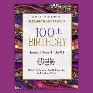 Invitation Moderne Anniversaire 100 Ans Or Violet Bijou Strat