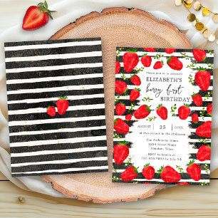 Invitation Moderne Anniversaire 1ère année fraise rayures noi