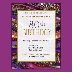 Invitation Moderne Anniversaire 80 Ans Strata Violet Or Bijou