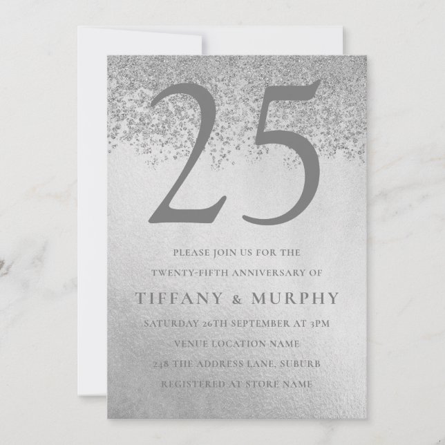 Invitation Moderne Anniversaire de Mariage Argent Pailleté 25 (Devant)