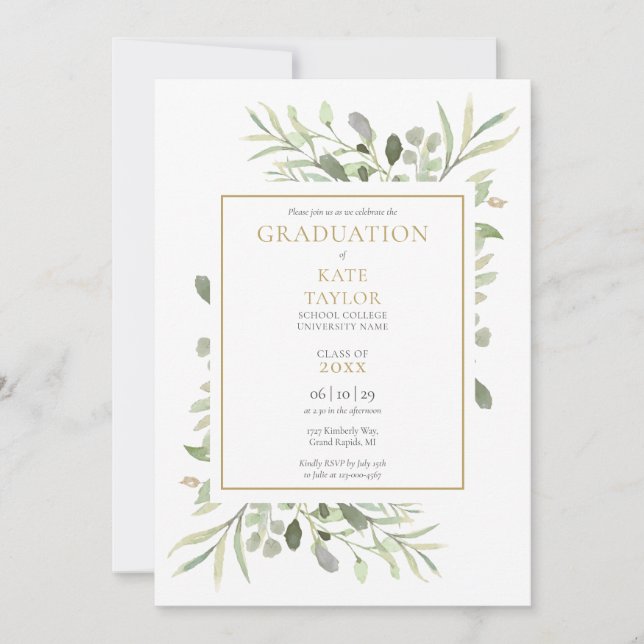 Invitation Moderne aquarelle de verdure fête de graduation (Devant)