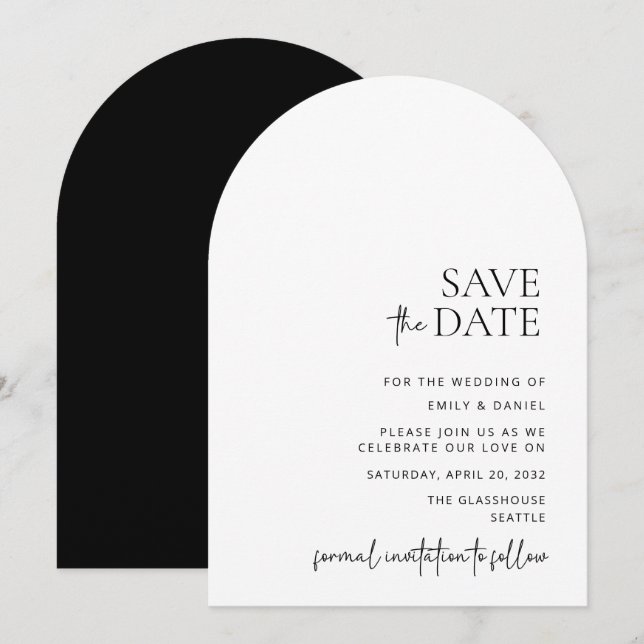 Invitation Moderne, arc, blanc et noir, enregistrer la date (Devant / Derrière)