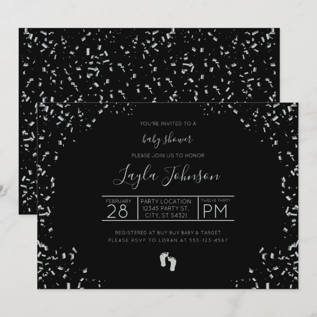 Invitation moderne, argent et Baby shower noir (Devant / Derrière)