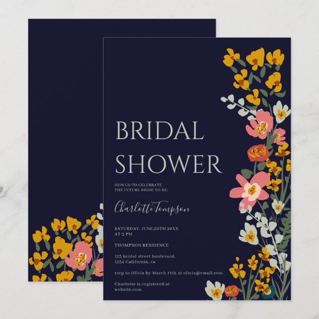 Invitation Moderne automne fleurs rétro marine bleu nuptiale  (Devant / Derrière)