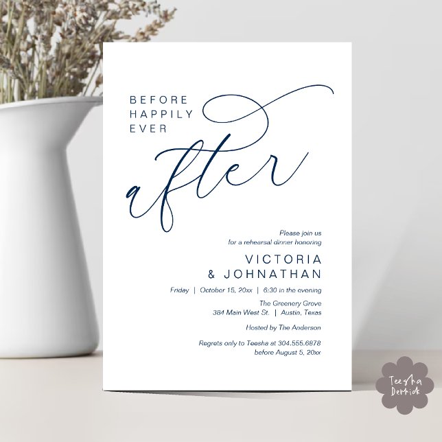 Invitation Moderne Avant Heureusement Jamais Après Le Dîner D (Modern Before Happily Ever After Romantic Rehearsal Dinner Invites Card PDF Aesthetic navy Blue)