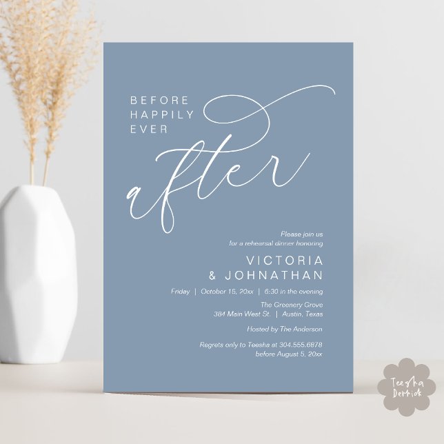 Invitation Moderne Avant Heureusement Jamais Après Le Dîner D (Modern Before Happily Ever After Romantic Rehearsal Dinner Invites Card PDF Aesthetic Dusty Blue)