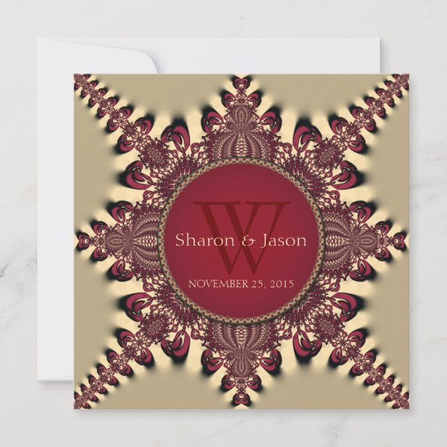 Invitation Moderne Batik Star Monogram Deep Red Gold Mariage (Devant)