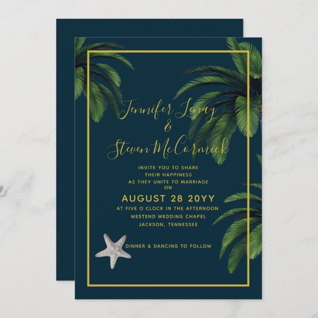 Invitation Moderne Beach Marine Blue Gold Palm Tree Mariage (Devant / Derrière)